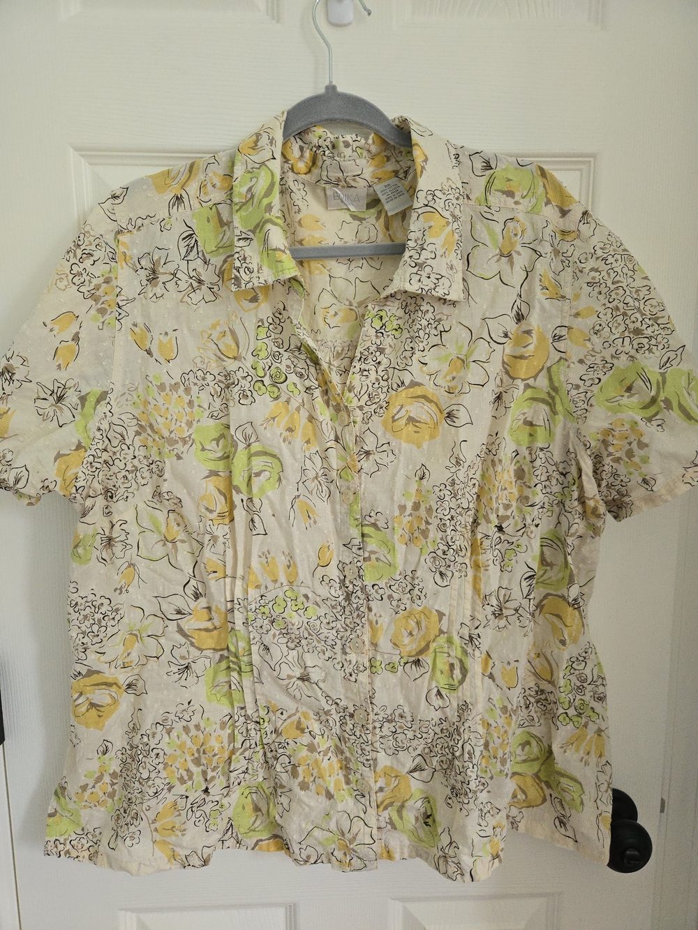 100% Cotton Cream Floral Button-Up Blouse, Yellow & Green, Fairy, XXL, light